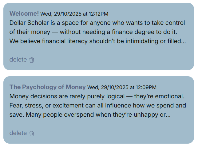 Posts with delete icon